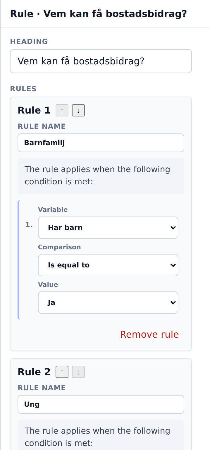 The rule node's properties panel with one condition: variable Har barn, comparison Is equal to, value Ja.